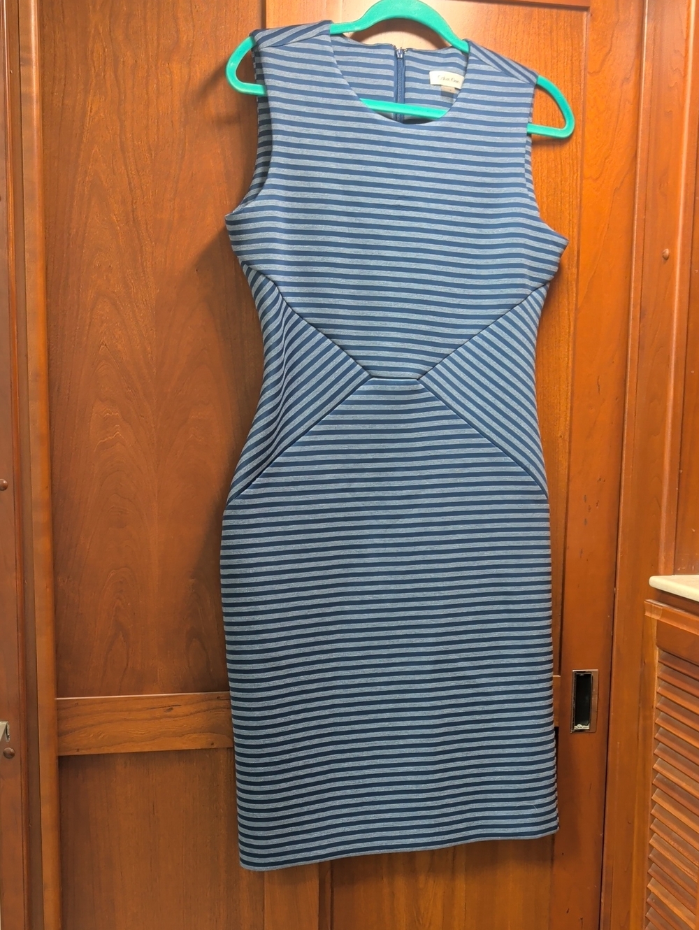 By Calvin Klein Navy and Light Blue Striped Sheath Dress